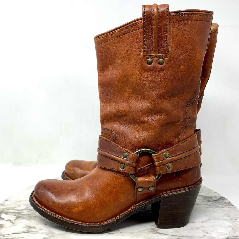 Frye Carmin Harness Short Brown Leather Boots 6 Boho Moto Whimsigoth Festival - Picture 3 of 16